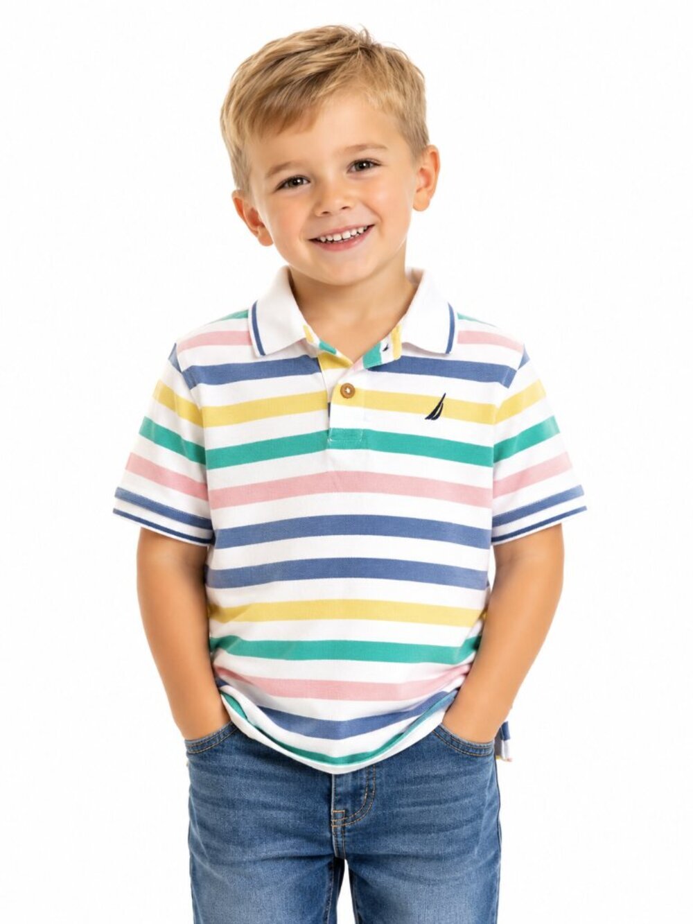 Nautica Boys Striped Polo Shirt Pastel Blue Green Yellow Pink White Size 6